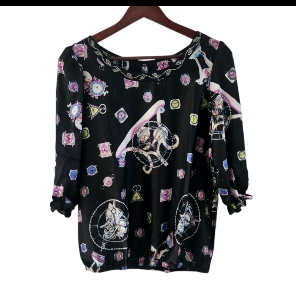 Love Moschino Black Clocks Art To Wear Blouse Top Womens Size XXL Silk?